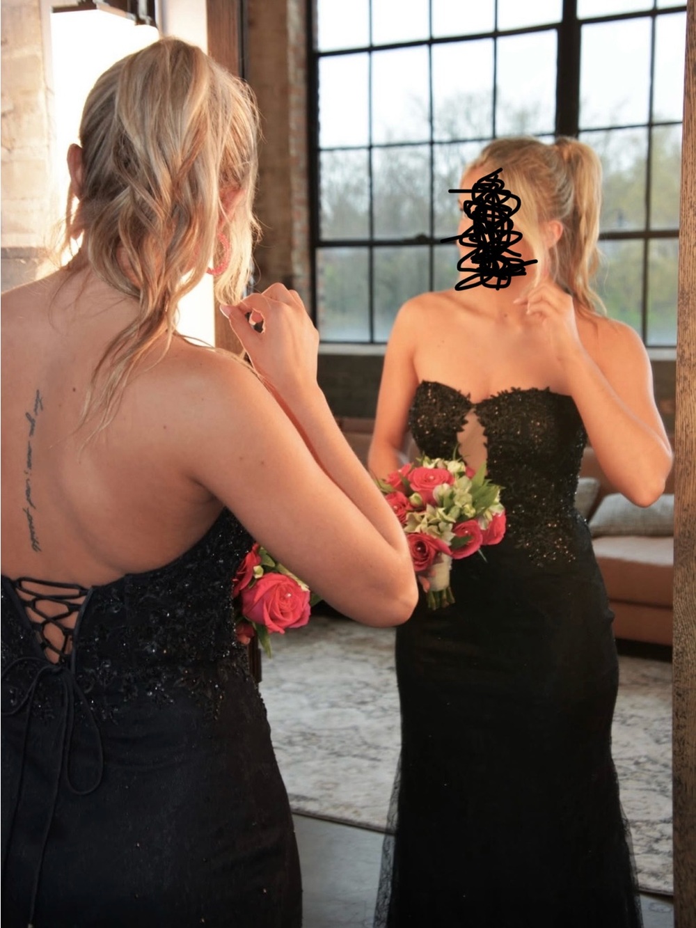 Strapless Black Lace Evening Dress